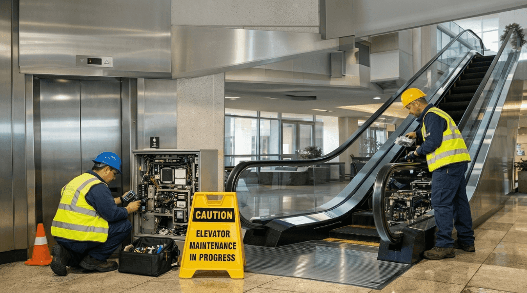 Técnicos de ASYTEC en mantenimiento de ascensor y escalera eléctrica