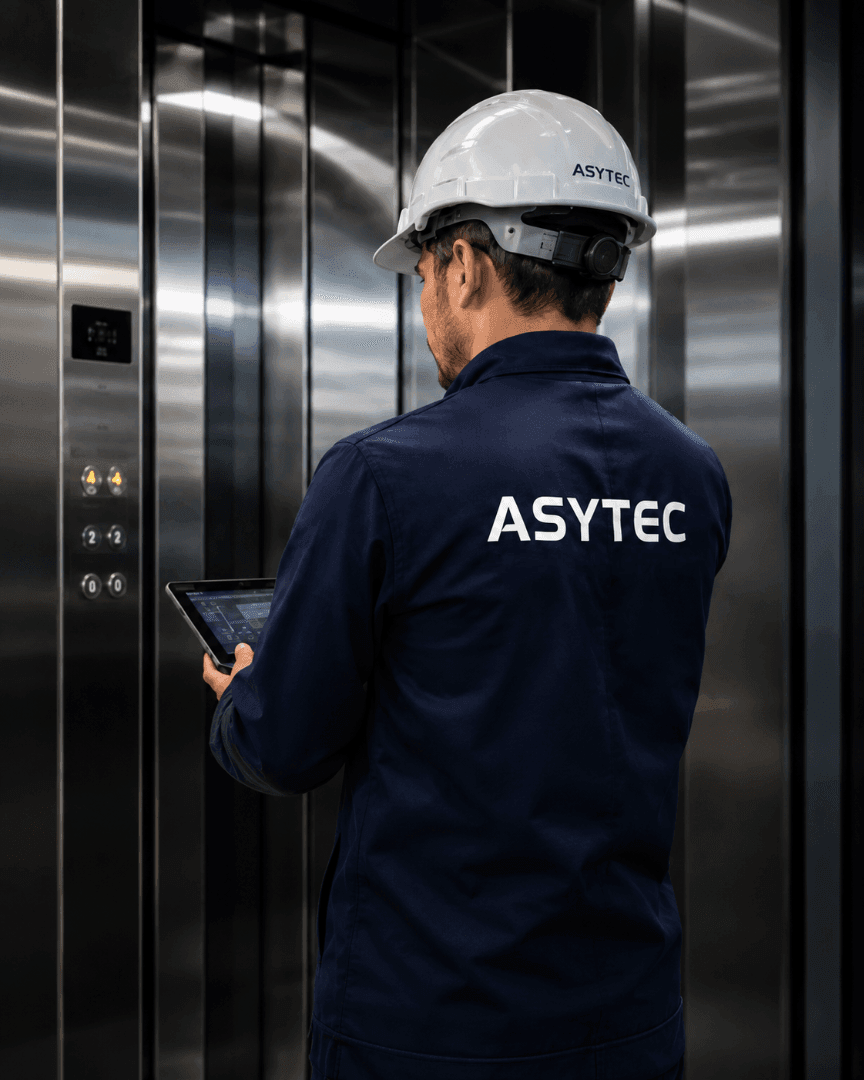 Técnico ASYTEC inspeccionando un ascensor