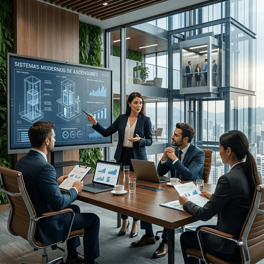 Reunión comercial sobre sistemas modernos de ascensores