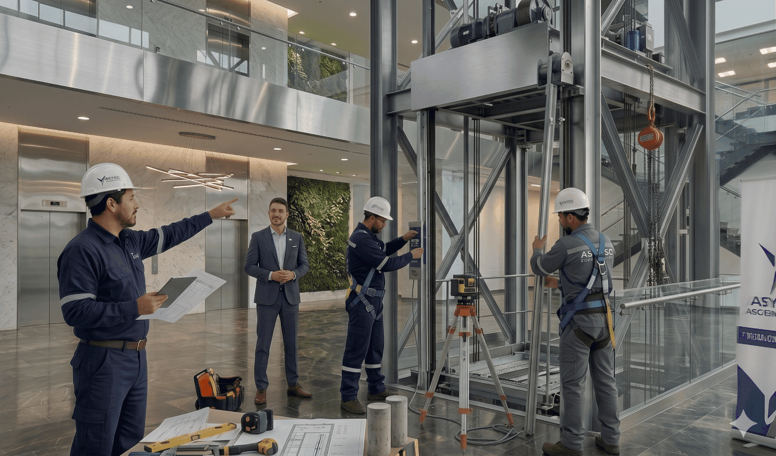 Equipo técnico y comercial de ASYTEC en un montaje de ascensor