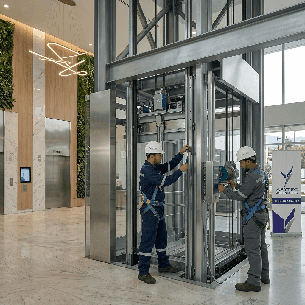 Técnicos ASYTEC en instalación de un ascensor